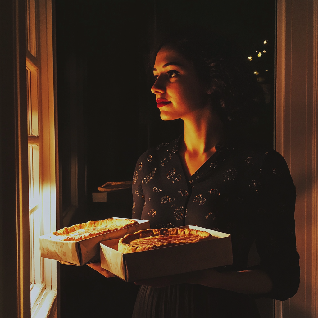 A woman holding two boxes of pie | Source: Midjourney