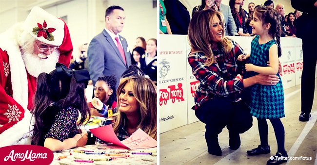 Melania Trump joins kids at US Marine Corps Reserve Toy Drive in a multicolored plaid shirt