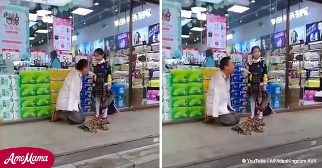 Video of kind-hearted girl helping an armless man to eat quickly goes viral