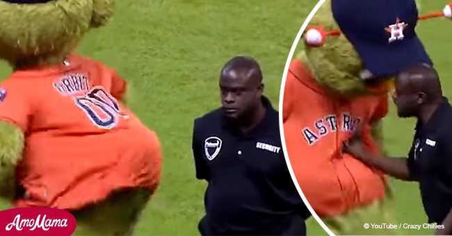 Astros Mascot challenges an 'angry' security guard to a dance off. And the crowd goes wild!