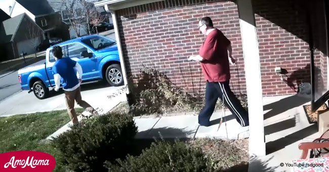 Package thief encounters a huge homeowner on a front porch and cannot get out fast enough