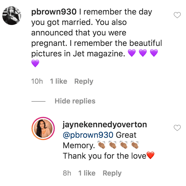 A fan commented on photos Jayne Kennedy shared in honor of her 35th wedding anniversary with Bill Overton | Source: Instagram.com/jaynekennedyoverton