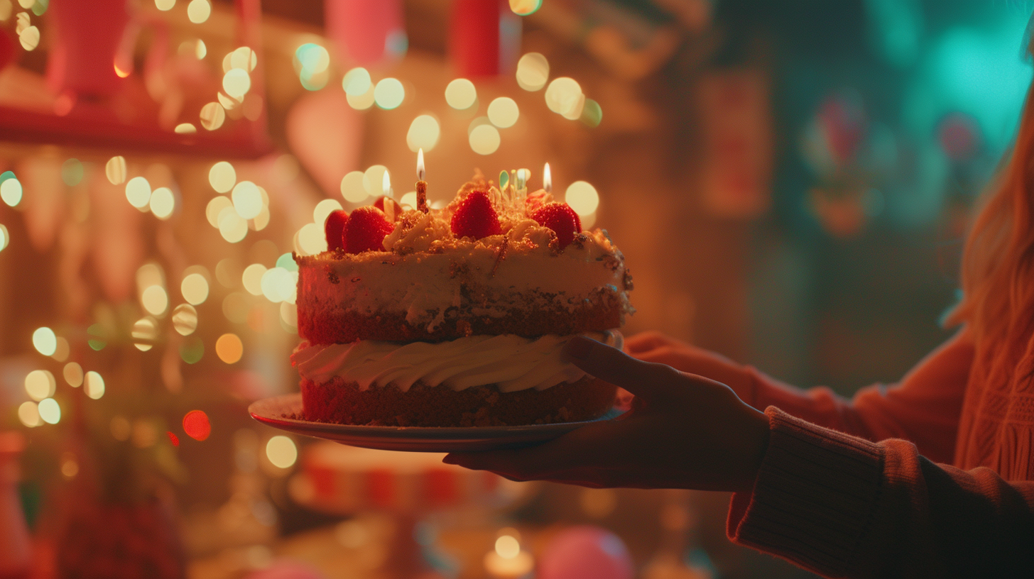 A person holding a cake with candles | Source: Midjourney