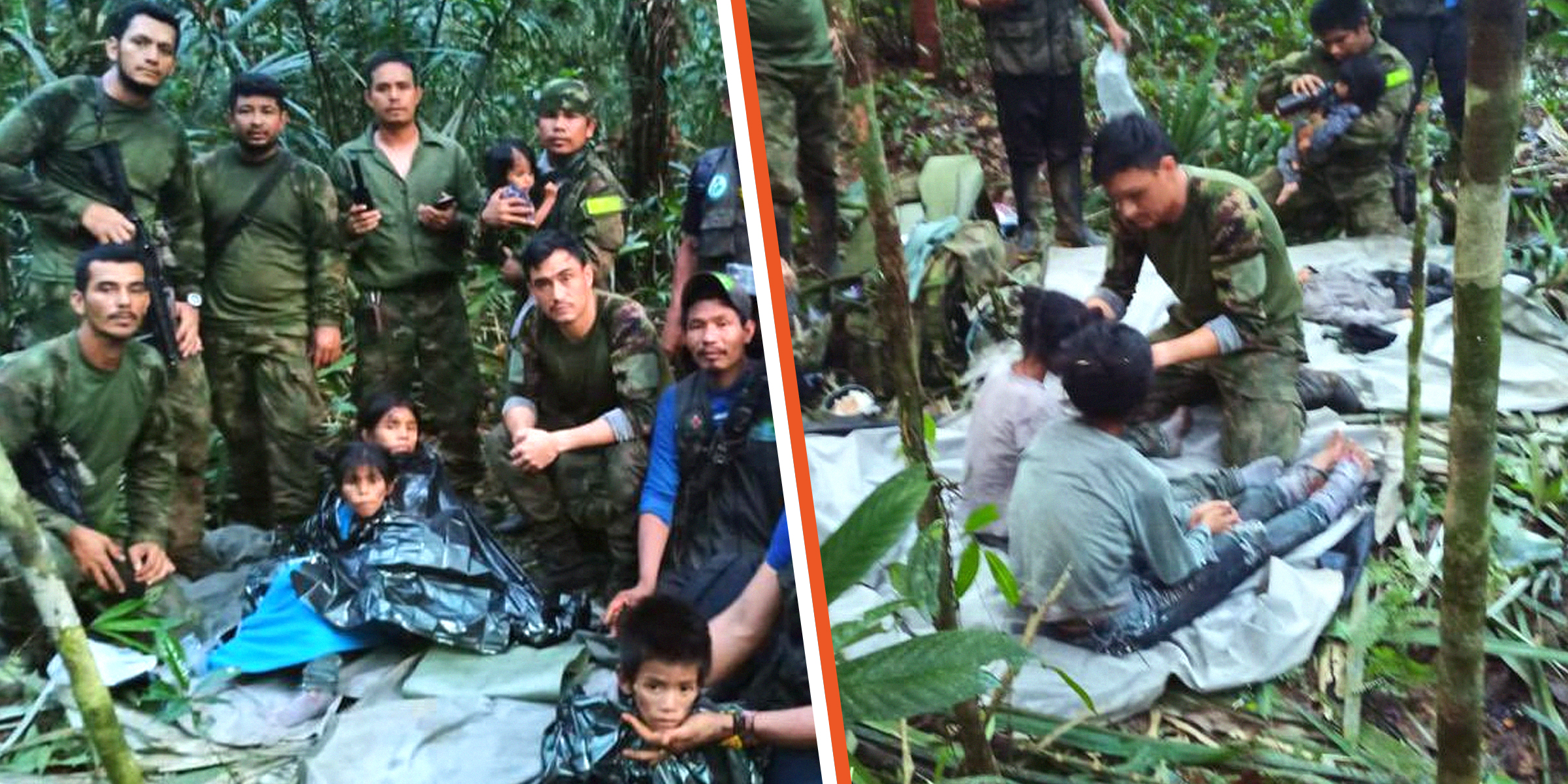 El Ejército colombiano con los cuatro niños que rescataron, en 2023. | Foto: Twitter.com/FuerzasMilCol