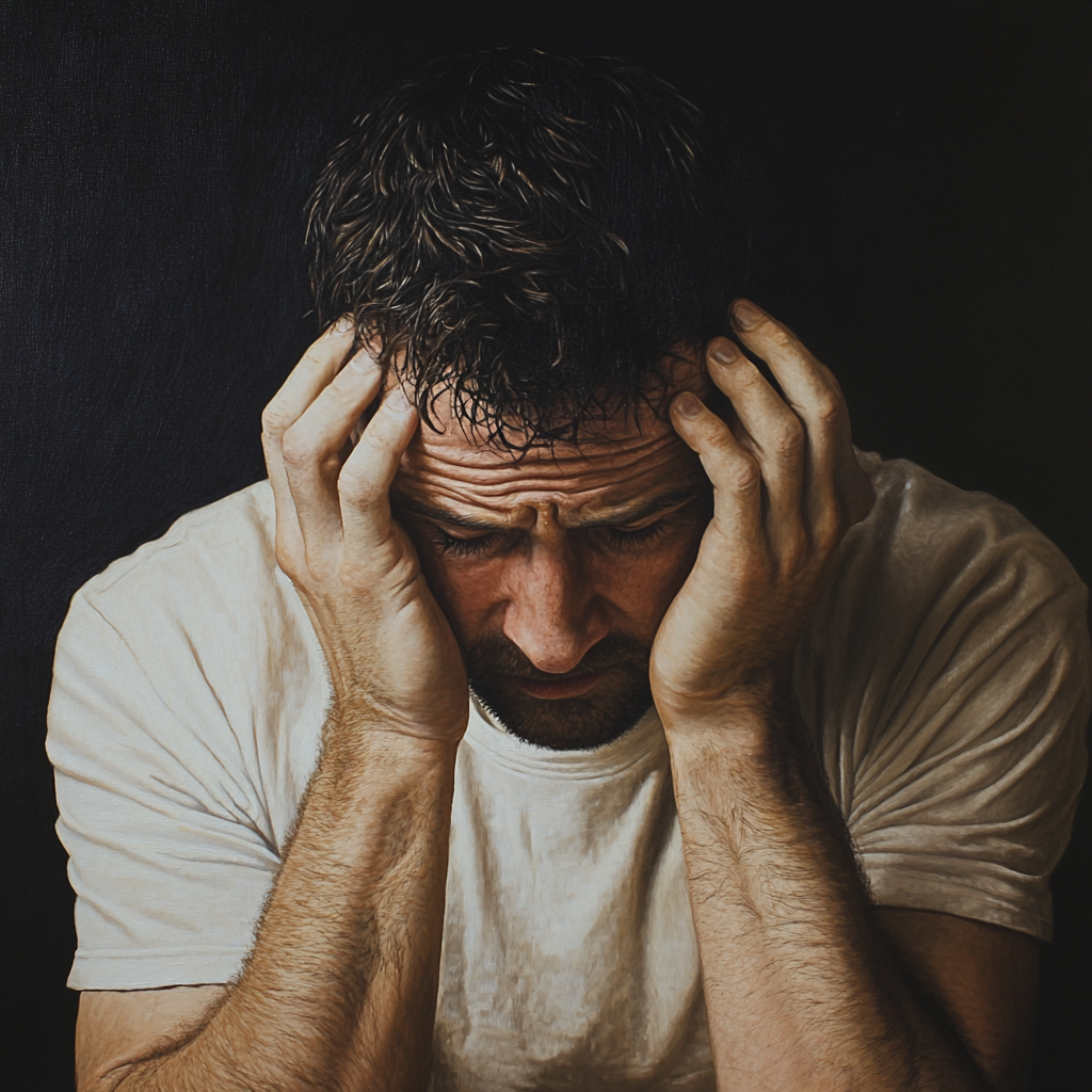 An upset man holding his head | Source: Midjourney