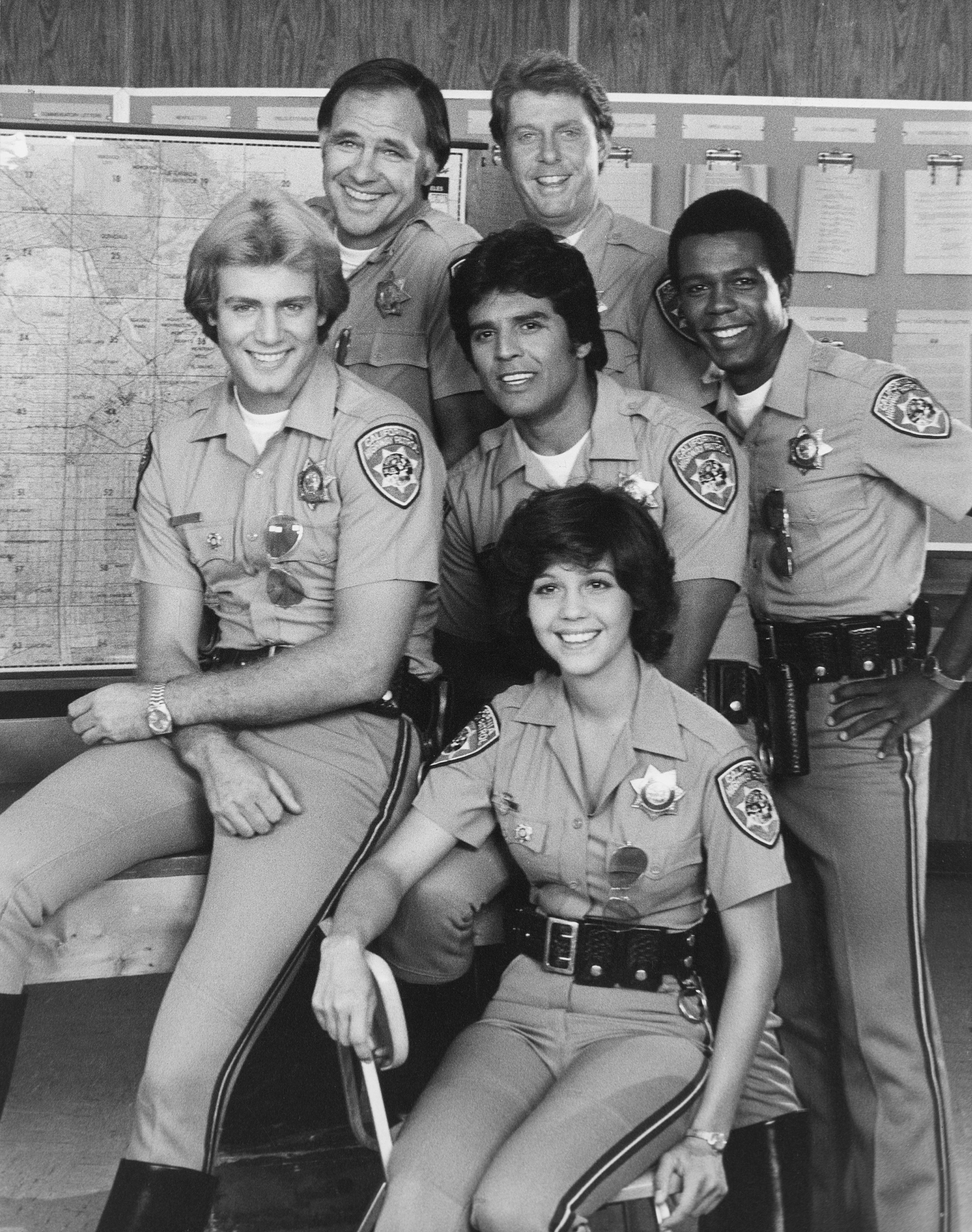 Cast of"CHiPs" From L-R, Robert Pine, Paul Linke, Tom Reilly Nelson, Erik Estrada, Clarence Gilyard Jr.,  Tina Gayle as Officer Kathy Linahan | Source: Getty Images