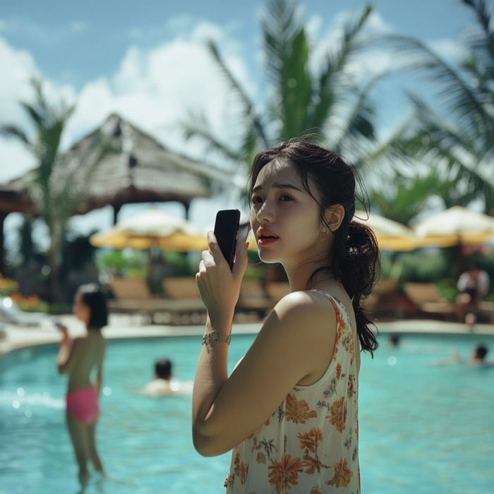 A woman talking on a mobile phone beside a resort pool | Source: Midjourney