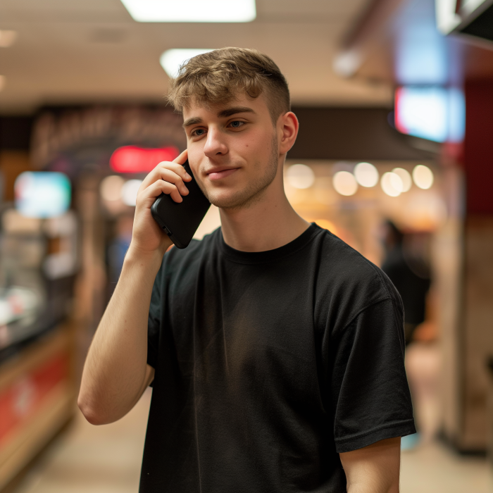 A restaurant server guy talking on his phone | Source: Midjourney