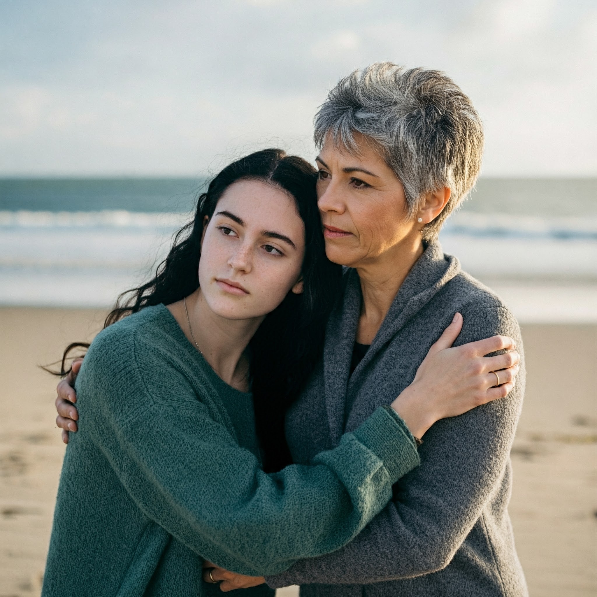 A mother and daughter at the beach looking thoughtful | Source: Gemini