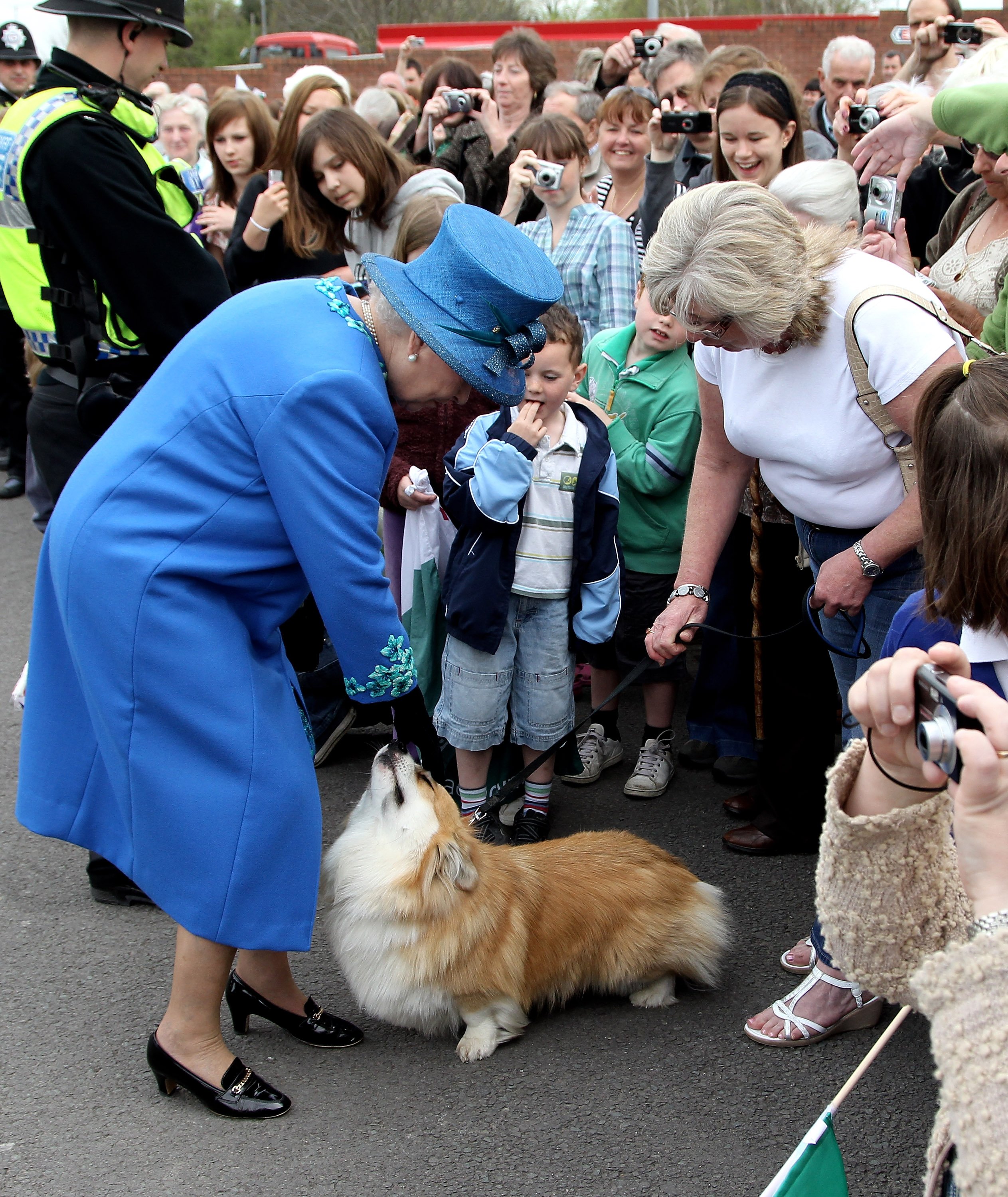La reina Elizabeth II se encuentra con un Corgi llamado Spencer cuando llega a la estación de tren de Welshpool el 28 de abril de 2010 en Welshpool, Gales. | Foto: Getty Images