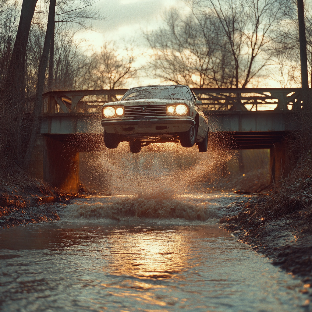 A car driving off a bridge into a river | Source: Midjourney