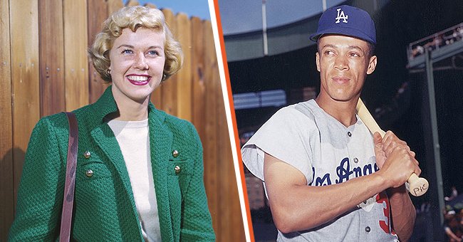 American actress and singer Doris Day, circa 1945.[left]  Portrait of Los Angeles Dodgers shortstop Maury Wills wearing his uniform and holding a baseball bat over his shoulder, 1960s.[right] | Photo: Getty Images