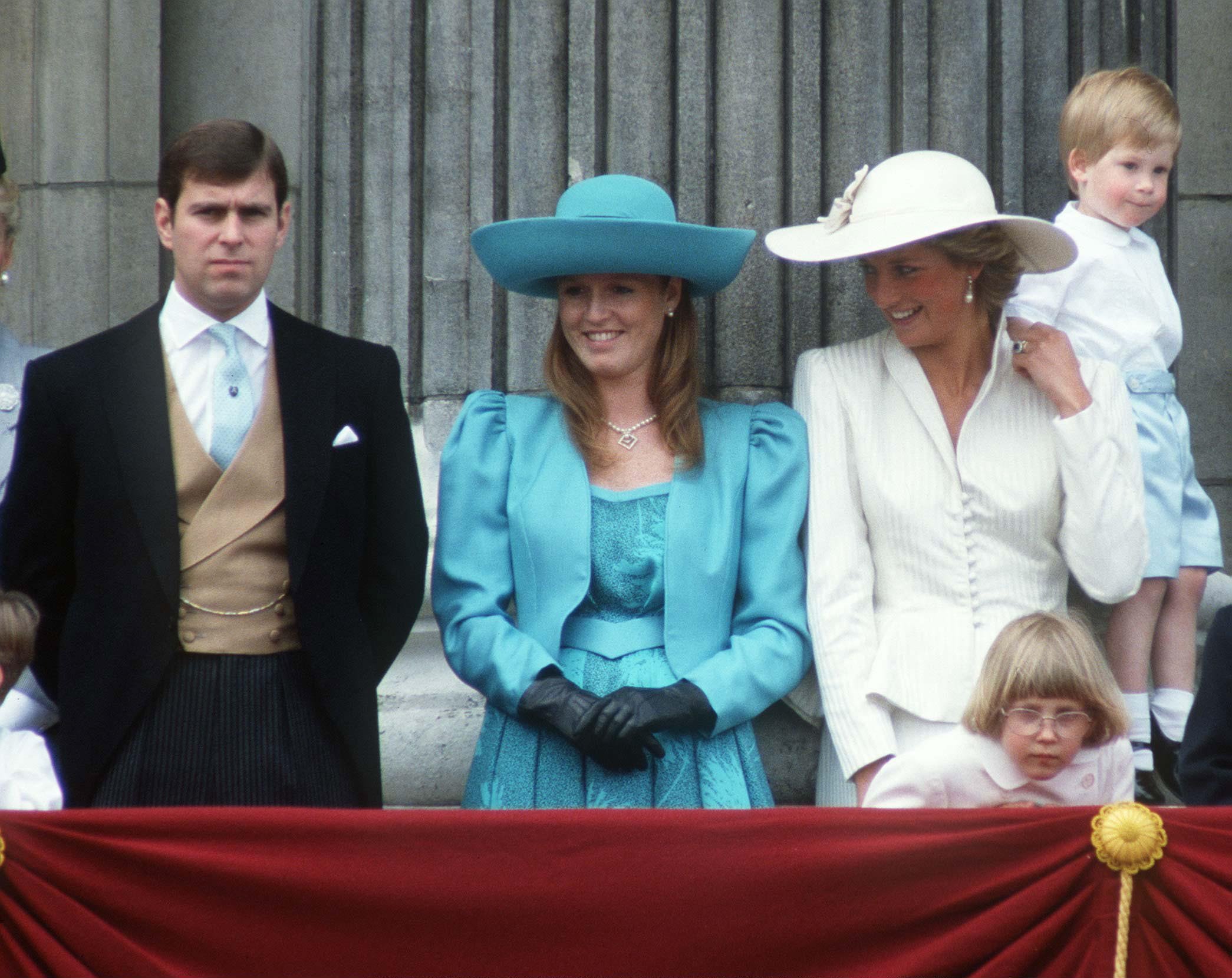 Prince Andrew, Sarah Ferguson, Princess Diana and her son Prince Harry on the balcony of Buckingham Palace for Trooping the Color in London, United Kingdom. | Source: Getty Images
