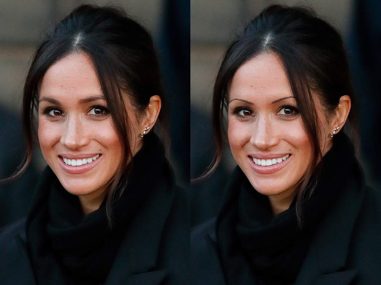 Meghan Markle's signature brows from 2018 vs digitally edited thin-brow look | Source: Getty Images