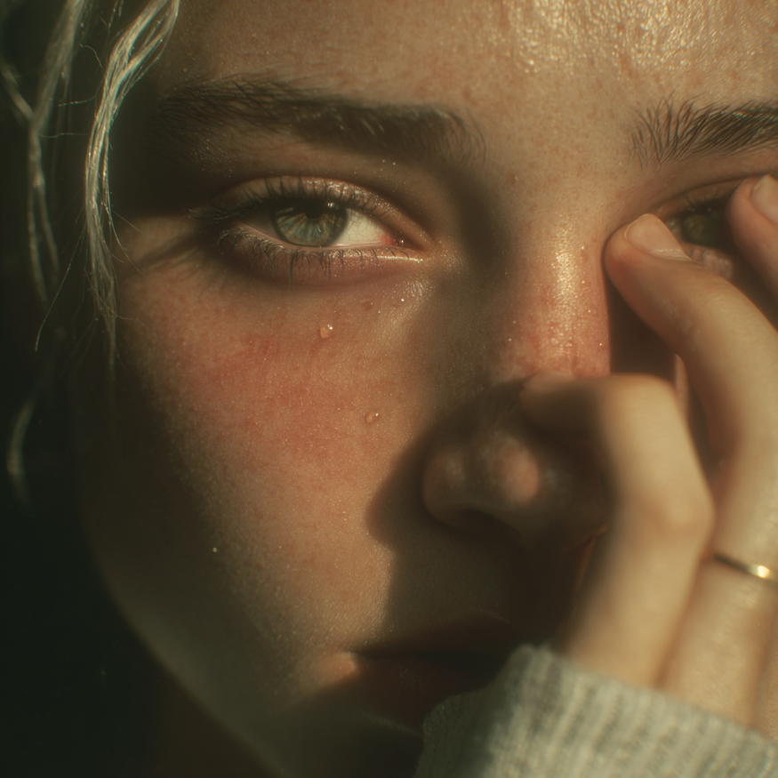 A woman holding back tears | Source: Midjourney