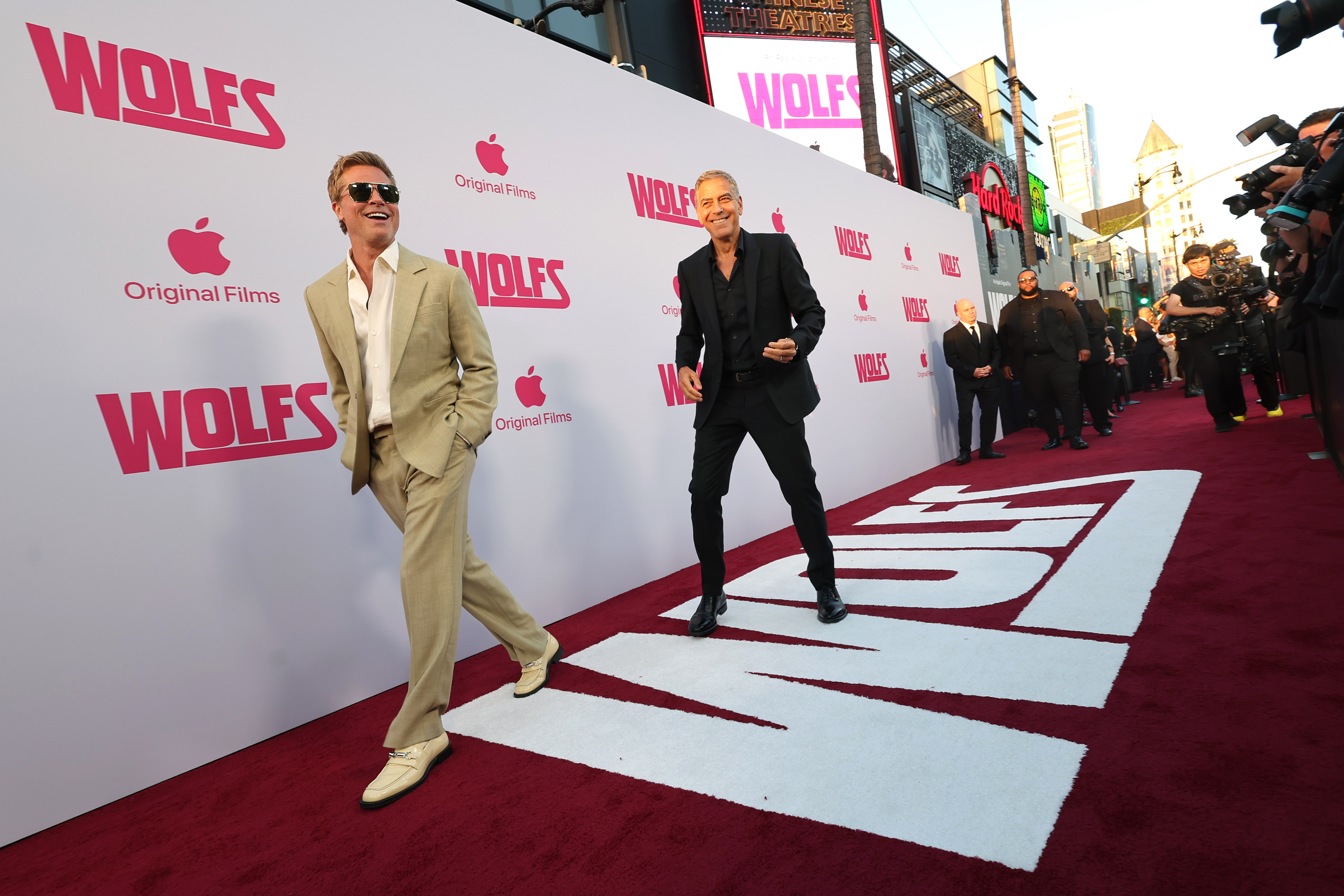 Brad Pitt and George Clooney attend Apple Original Films’ U.S. premiere screening of “Wolfs” at TCL Chinese Theatre on September 18, 2024 in Hollywood, California