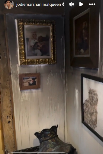 Portraits and artwork hung on a scorched wall, streaked with smoke and water damage as a visible reminder of the fire's reach. | Source: Instagram/jodiemarshanimalqueen
