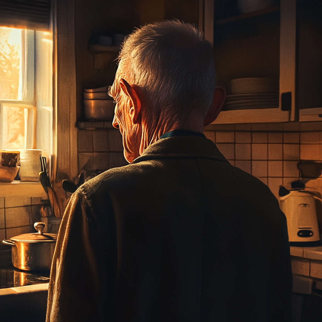 A sad older man standing in the kitchen | Source: Midjourney