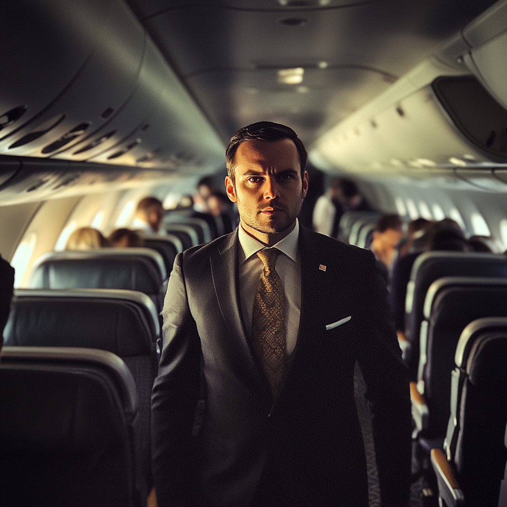 A man standing in an airplane aisle | Source: Midjourney