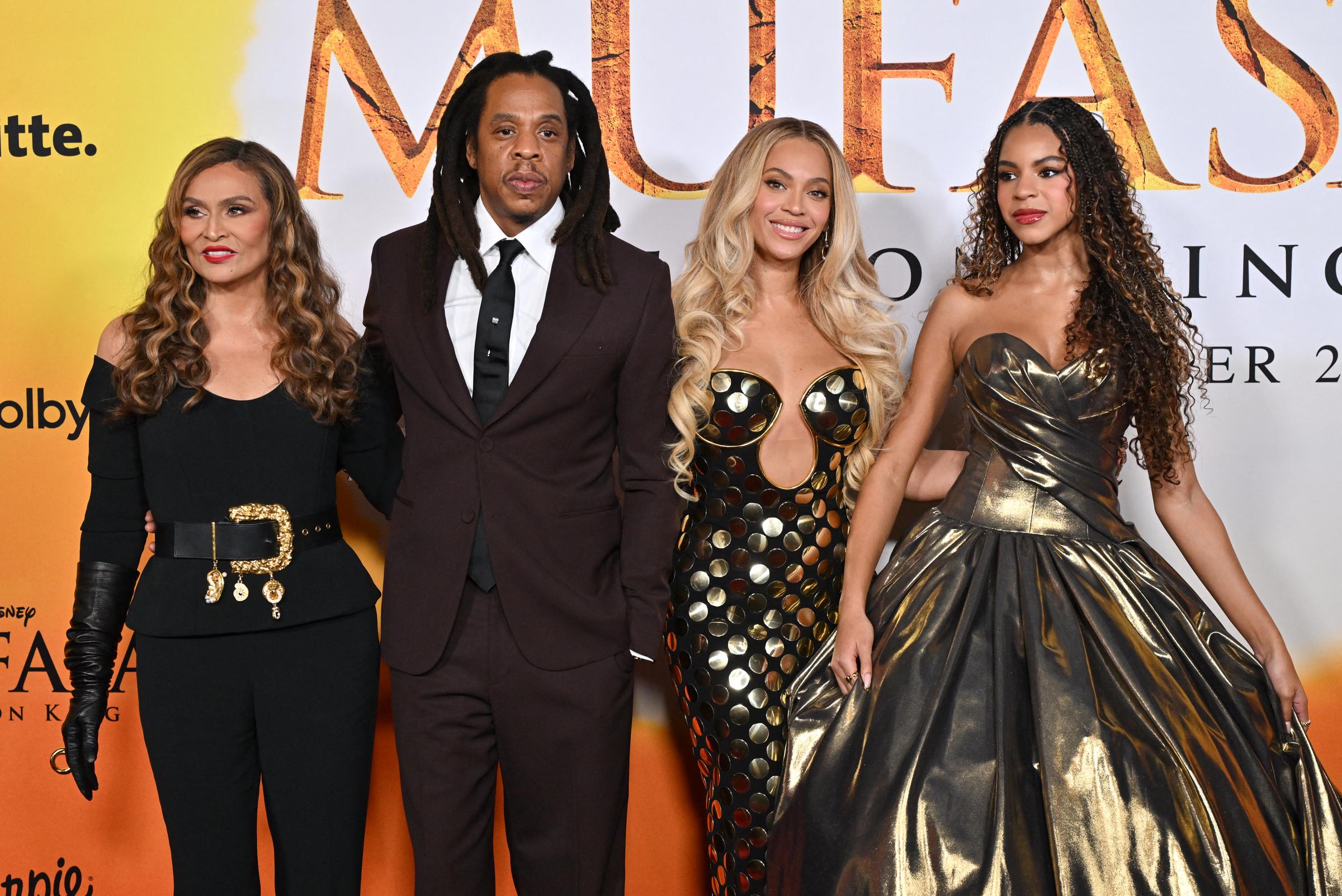 Tina Knowles, Jay-Z, Beyoncé, and Blue Ivy Carter attend the world premiere of Disney's 