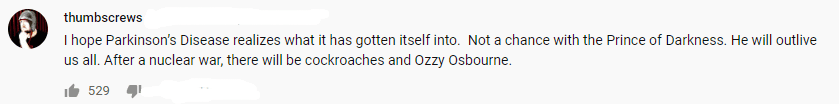 YouTube comment on Ozzy Osbourne announcing his Parkinson's disease | Source: YouTube/Good Morning America