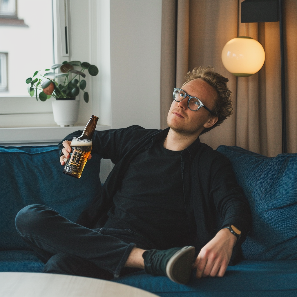 A man sitting on a couch with a bottle | Source: Midjourney