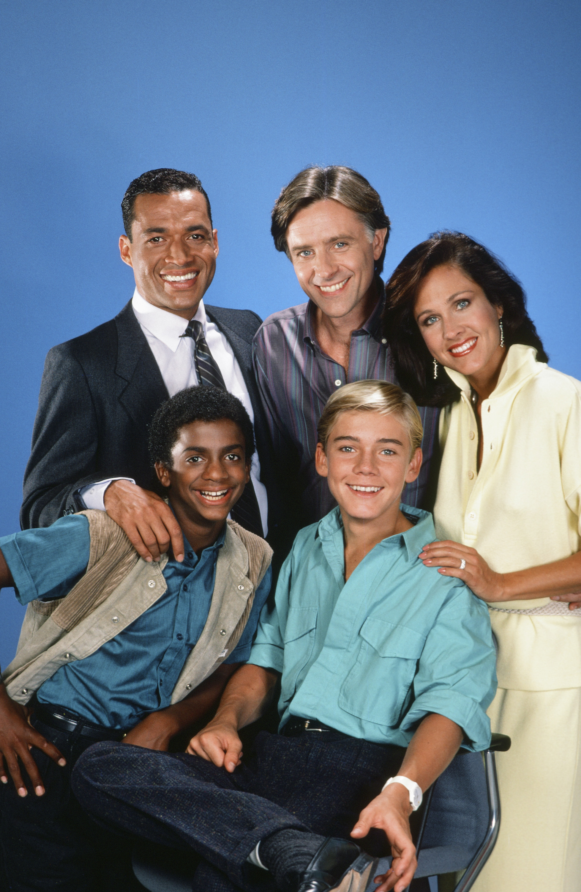 Alfonso Ribeiro, Ricky Schroder, Franklyn Seales, Joel Higgins, and Erin Gray for "Silver Spoons" Season 4 in 1985. | Source: Getty Images