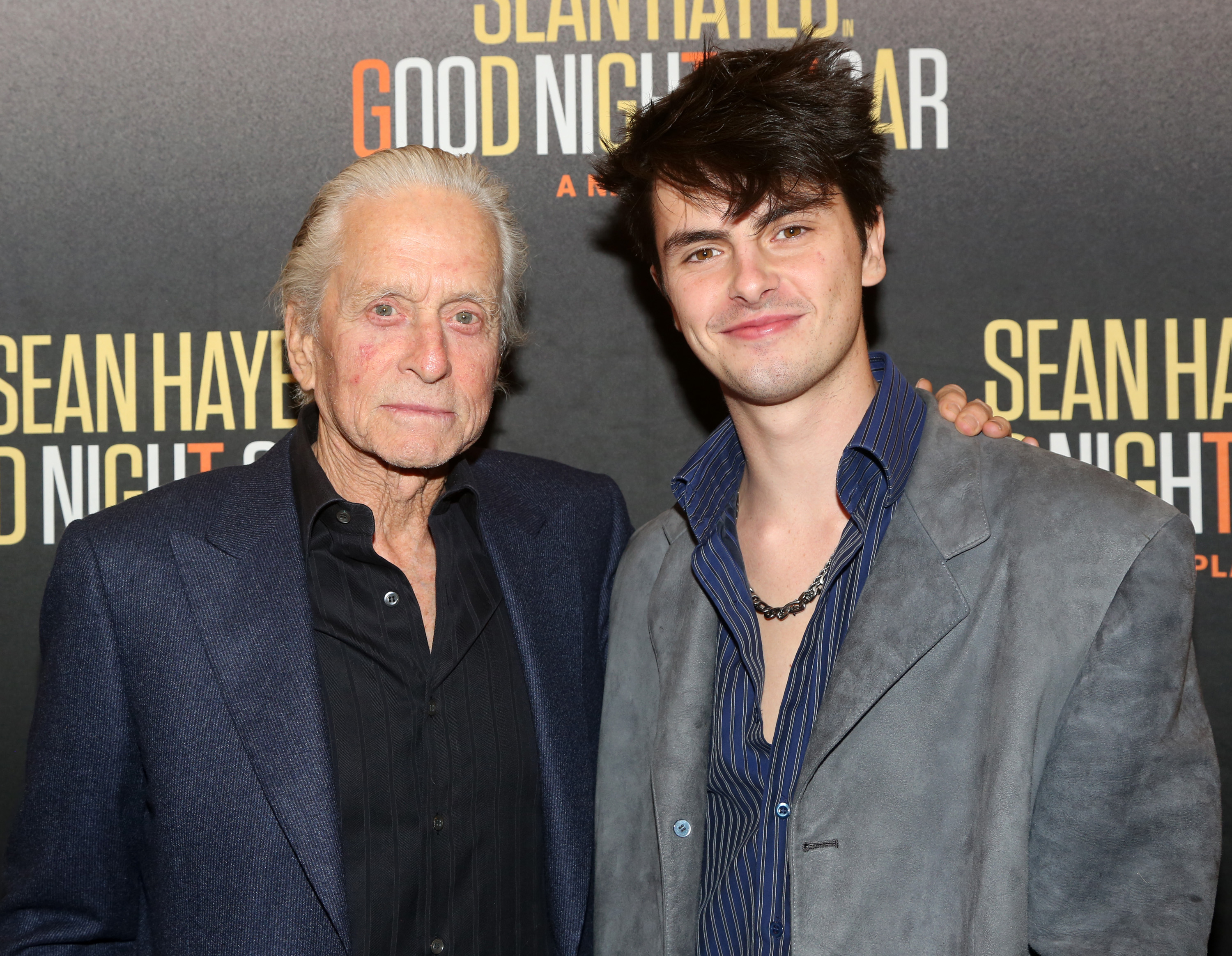 Michael and Dylan Douglas pose at the opening night of the new play "Goodnight, Oscar" on Broadway at The Belasco Theatre on April 24, 2023 in New York City | Source: Getty Images