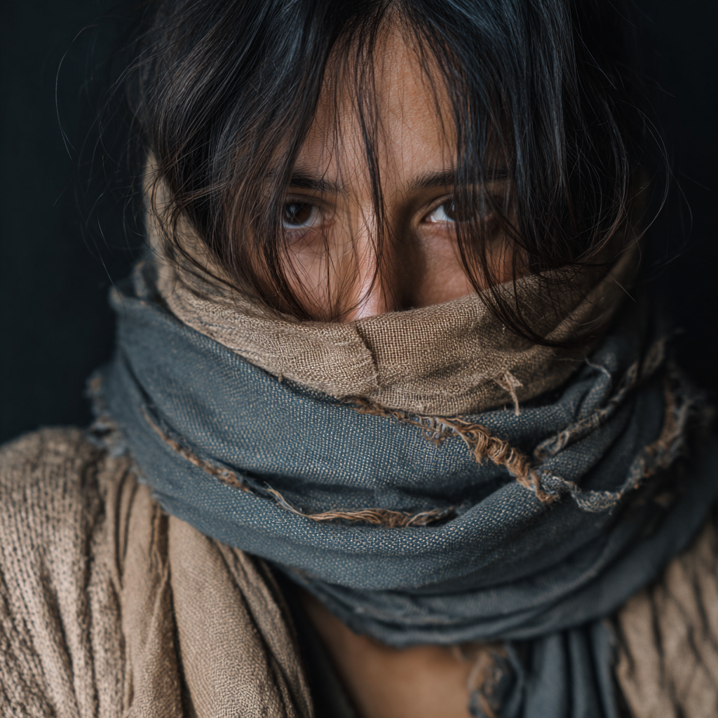 A woman with a scarf covering her face | Source: Midjourney