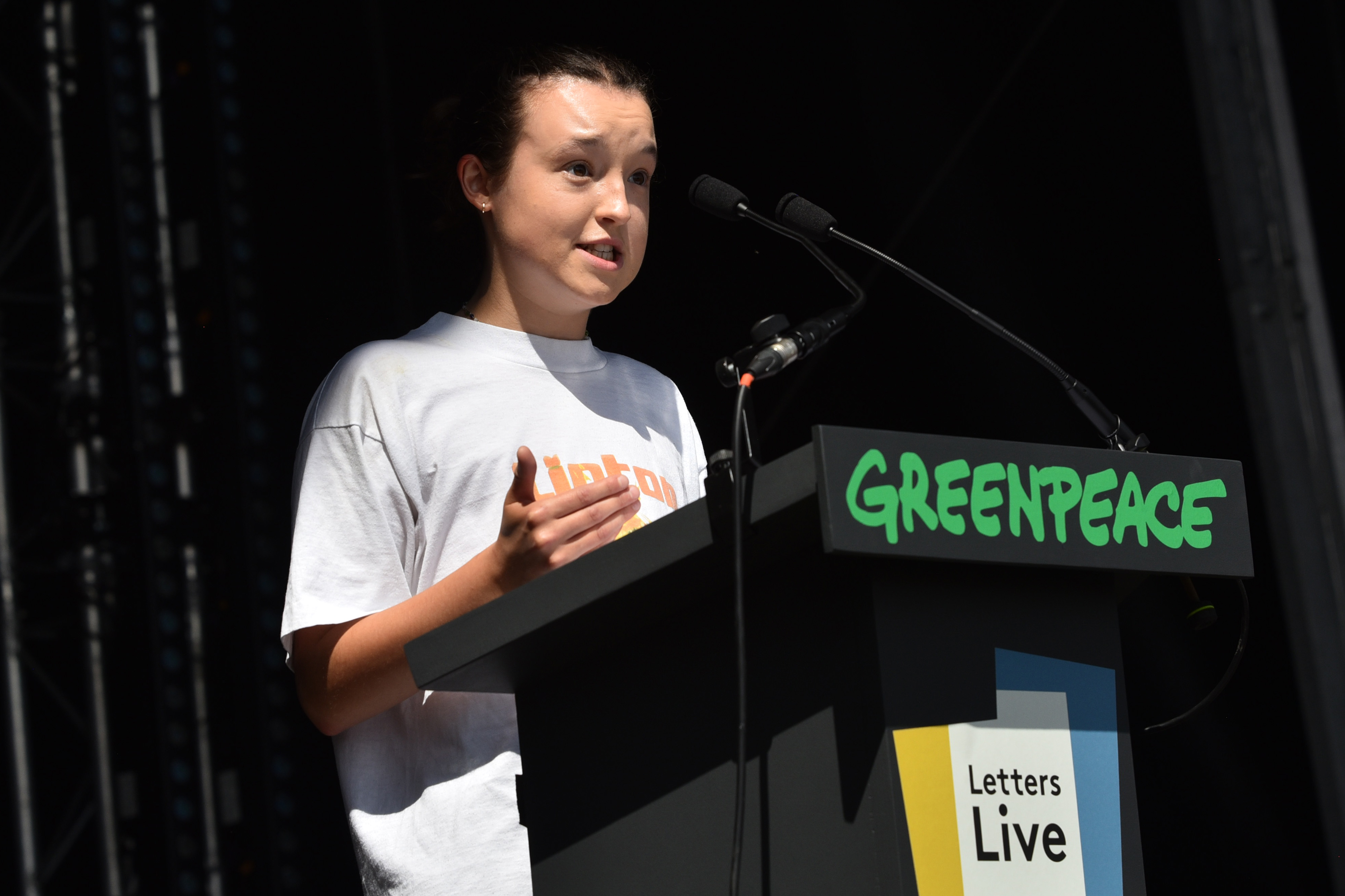 Bella Ramsey during Letters Live at the Greenpeace stage during Day 3 of Glastonbury Festival 2025 on June 27 in England. | Source: Getty Images