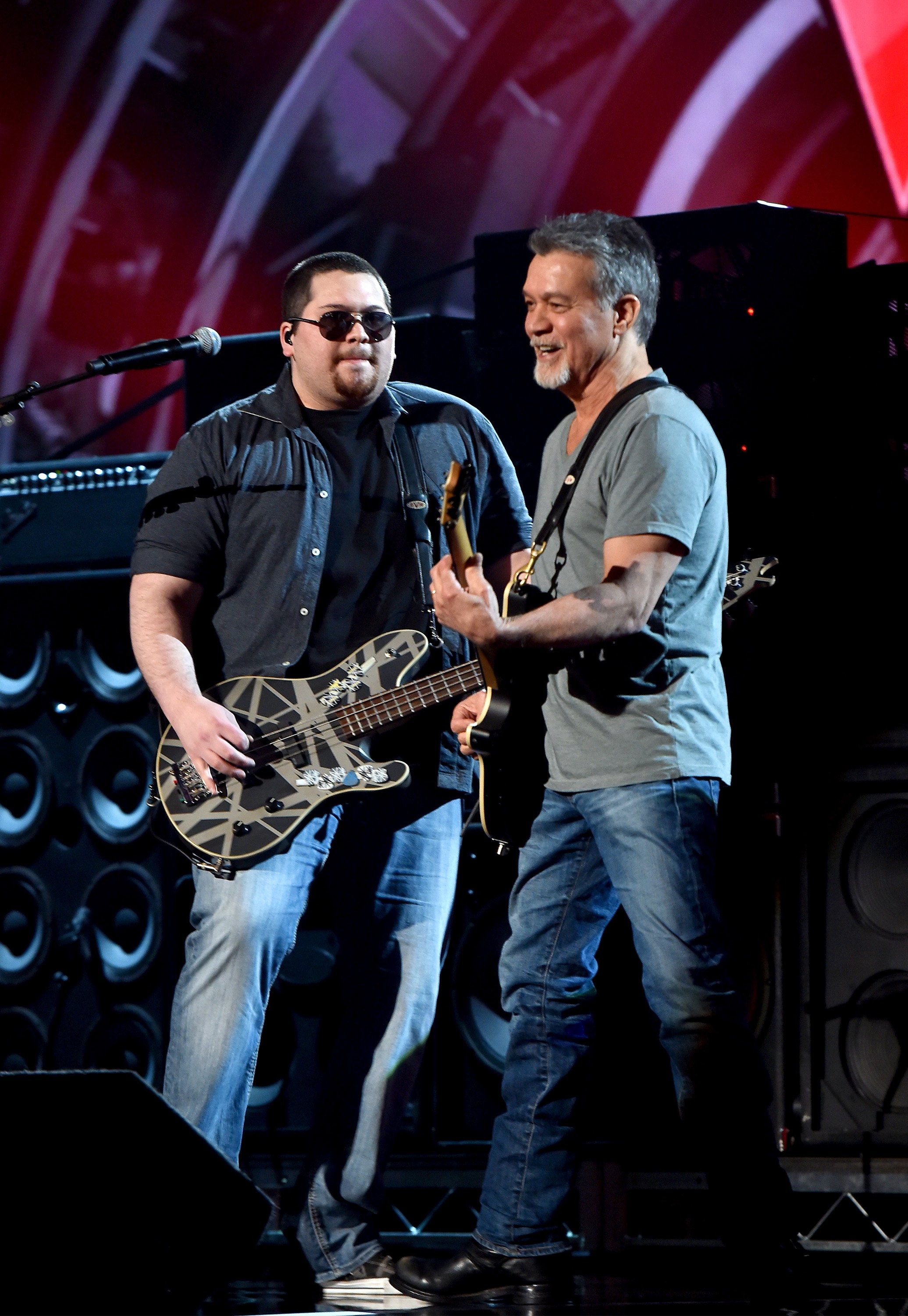 Wolfgang Van Halen and Eddie Van Halen of Van Halen perform onstage at the 2015 Billboard Music Awards at MGM Grand Garden Arena on May 17, 2015, in Las Vegas, Nevada. | Source: Getty Images