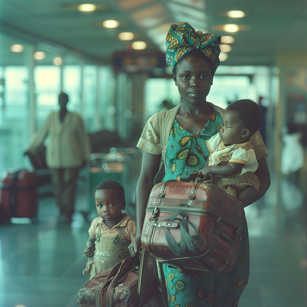 An unhappy woman with two children at the airport | Source: Midjourney