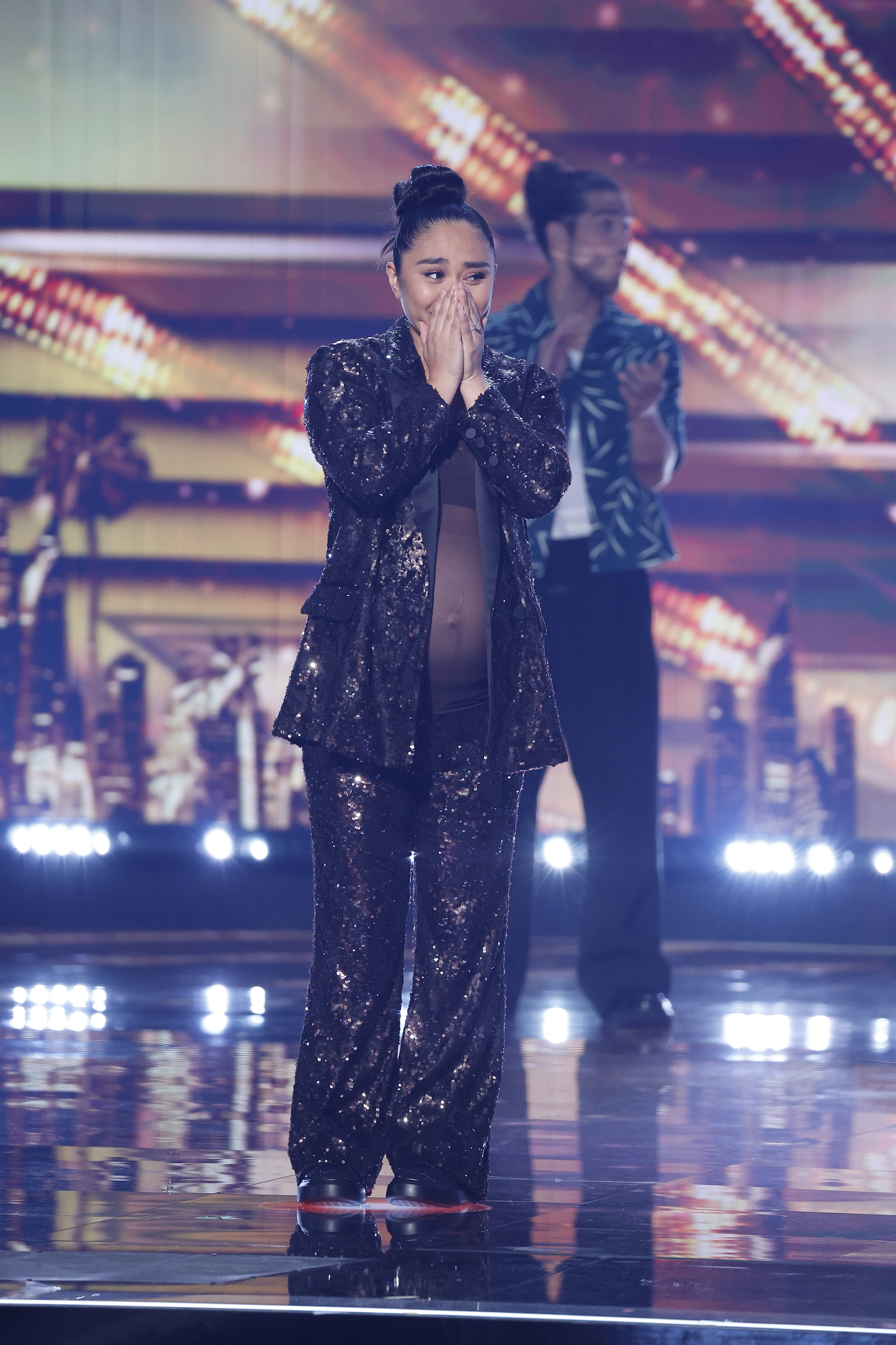 Jessica Sanchez reacts after being named the winner of Season 20 during the "America's Got Talent" finale in Los Angeles on September 24, 2025 | Source: Getty Images