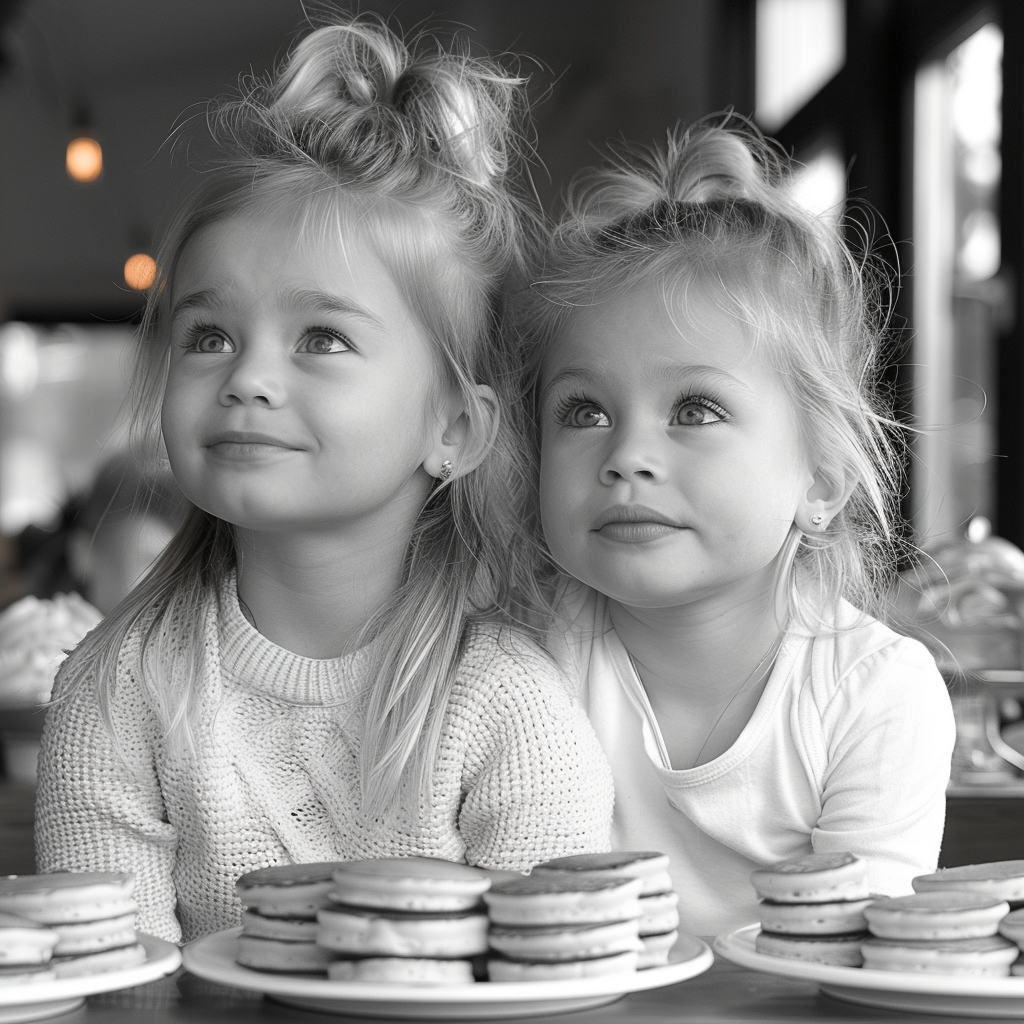 Emma and Lily wait to eat the pancakes | Source: Midjourney