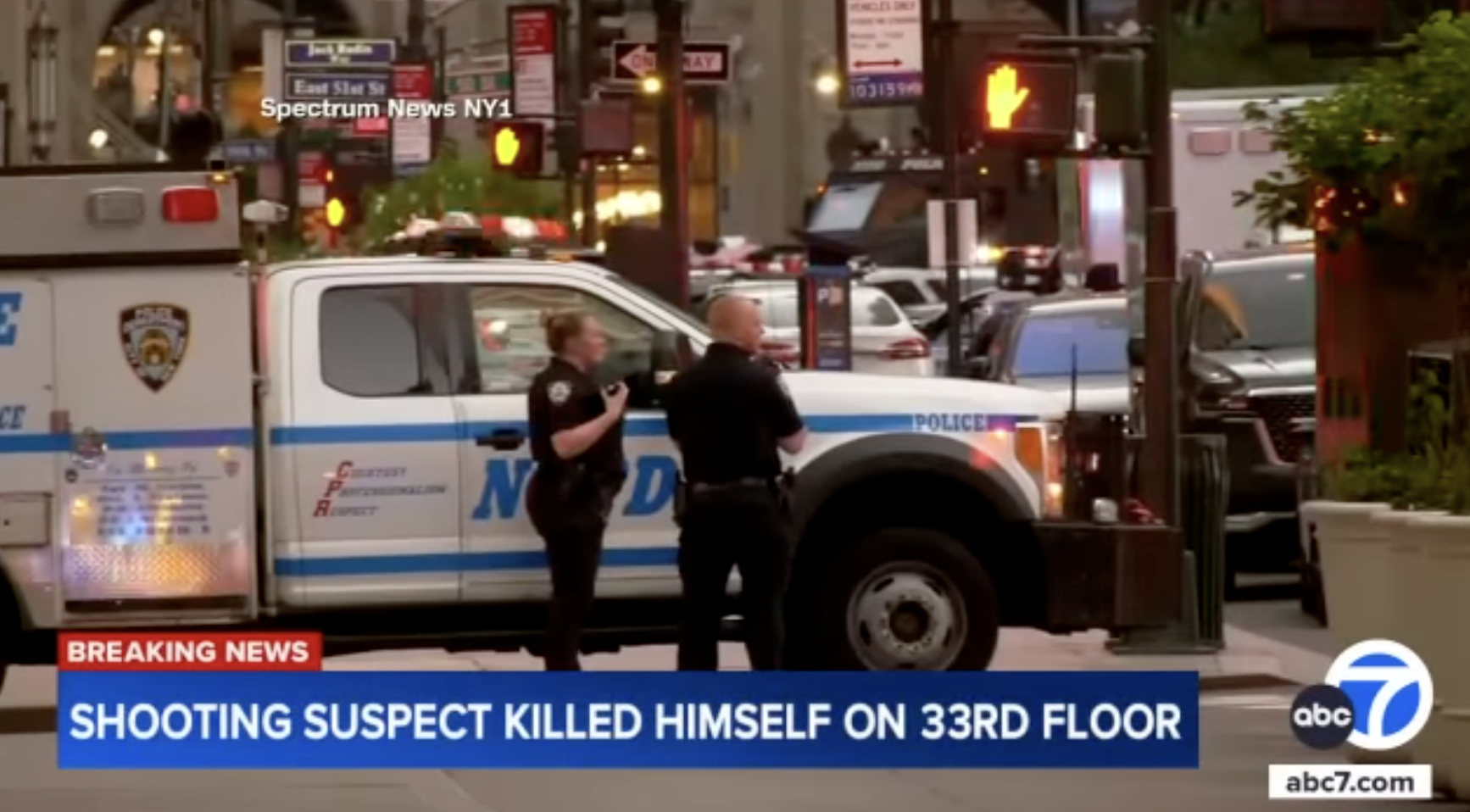 NYPD officers stationed outside 345 Park Avenue in Midtown, Manhattan, on July 28, 2025. | Source: YouTube/ABC7