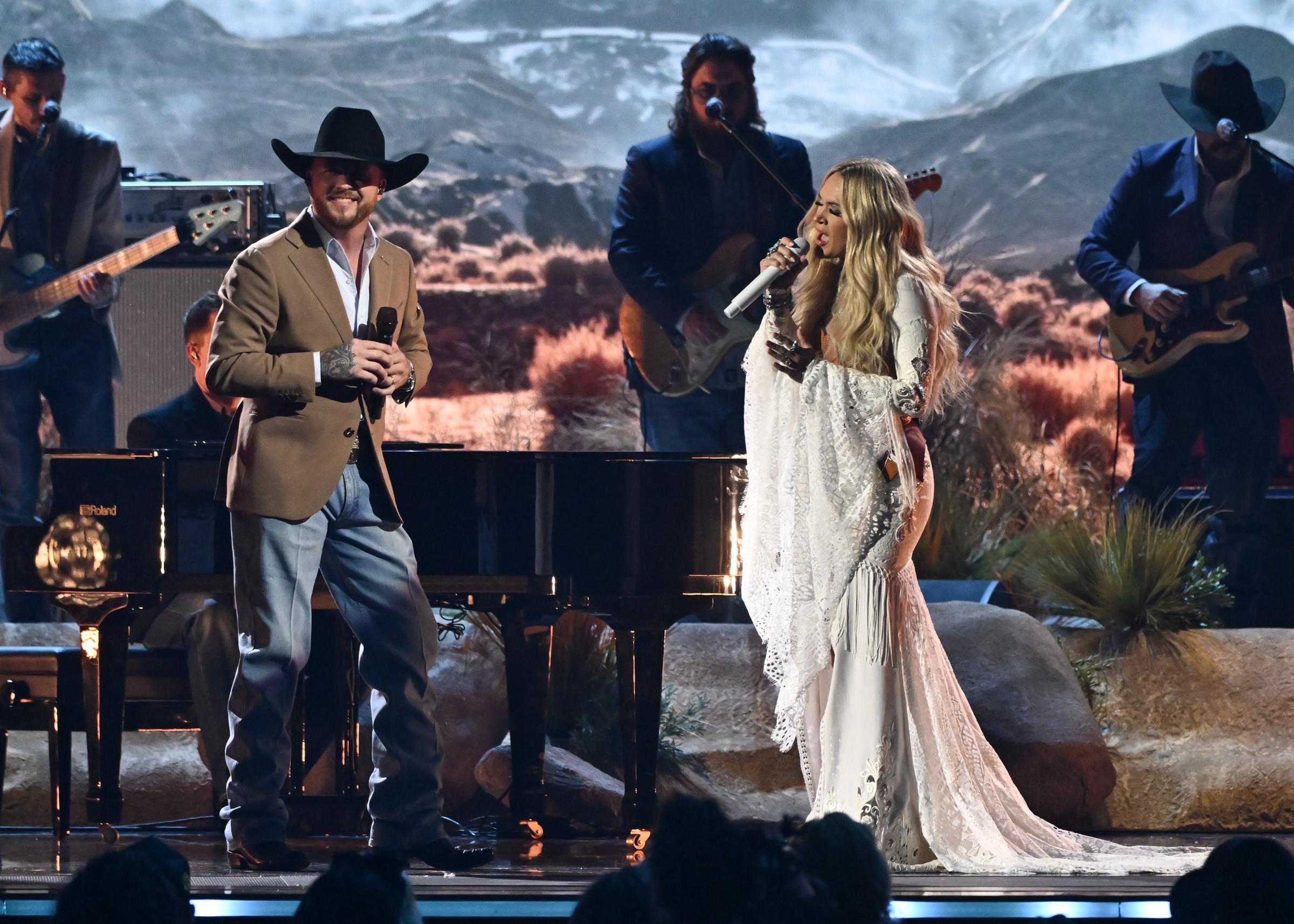 Cody Johnson, Carrie Underwood perform onstage at The 58th Annual CMA Awards on November 20, 2024, in Nashville, Tennessee. | Source: Getty Images