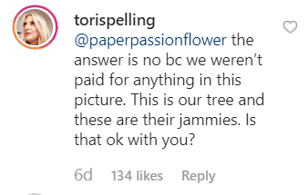 Tori Spelling's clap-back comment on her Instagram post. | Source: Instagram/torispelling