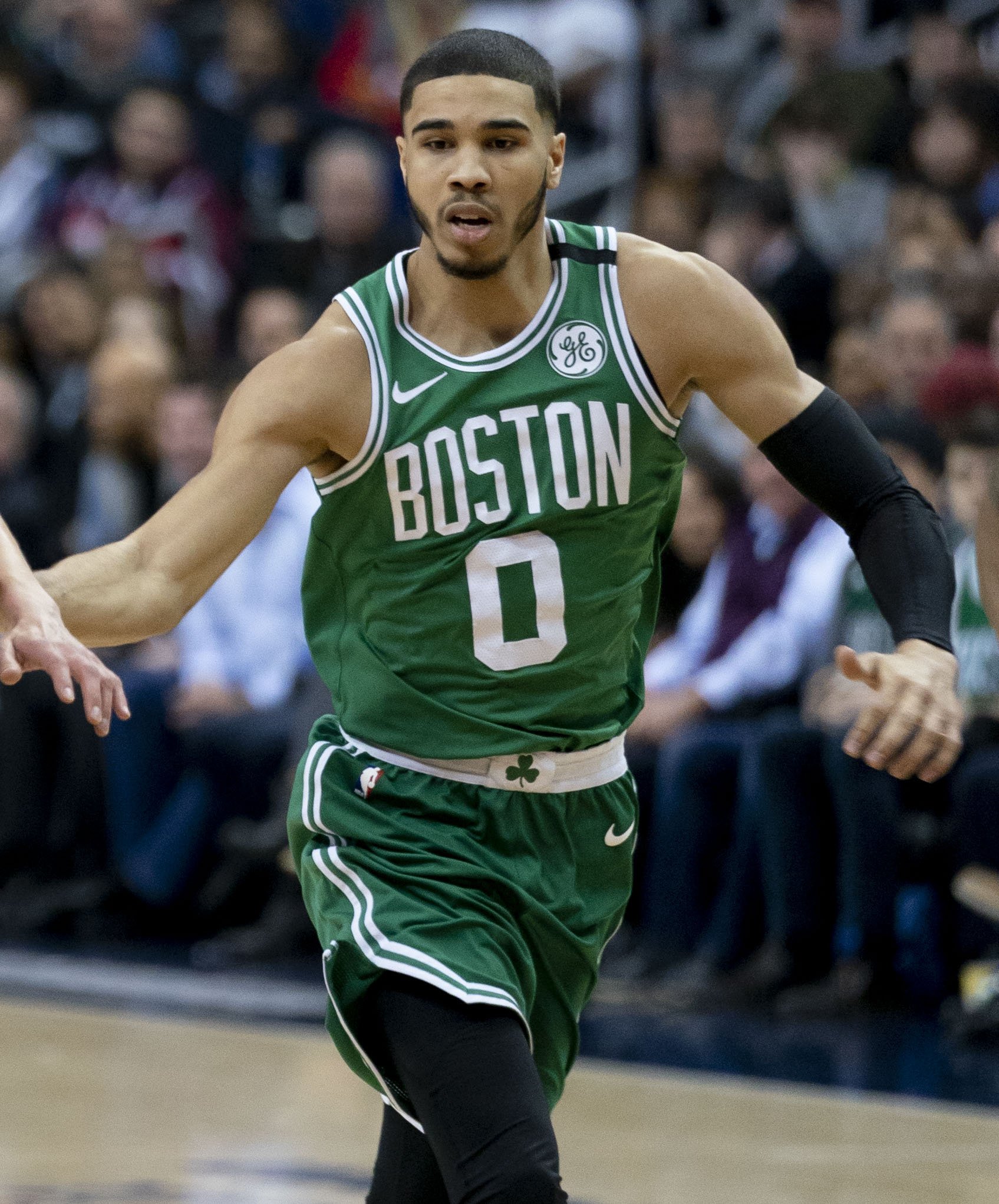 Jayson Tatum of the Celtics at a game against the Wizards on 8 October, 2018.  | Photo by Keith Allison, Jayson Tatum (2018), CC BY-SA 2.0, Wikimedia Commons