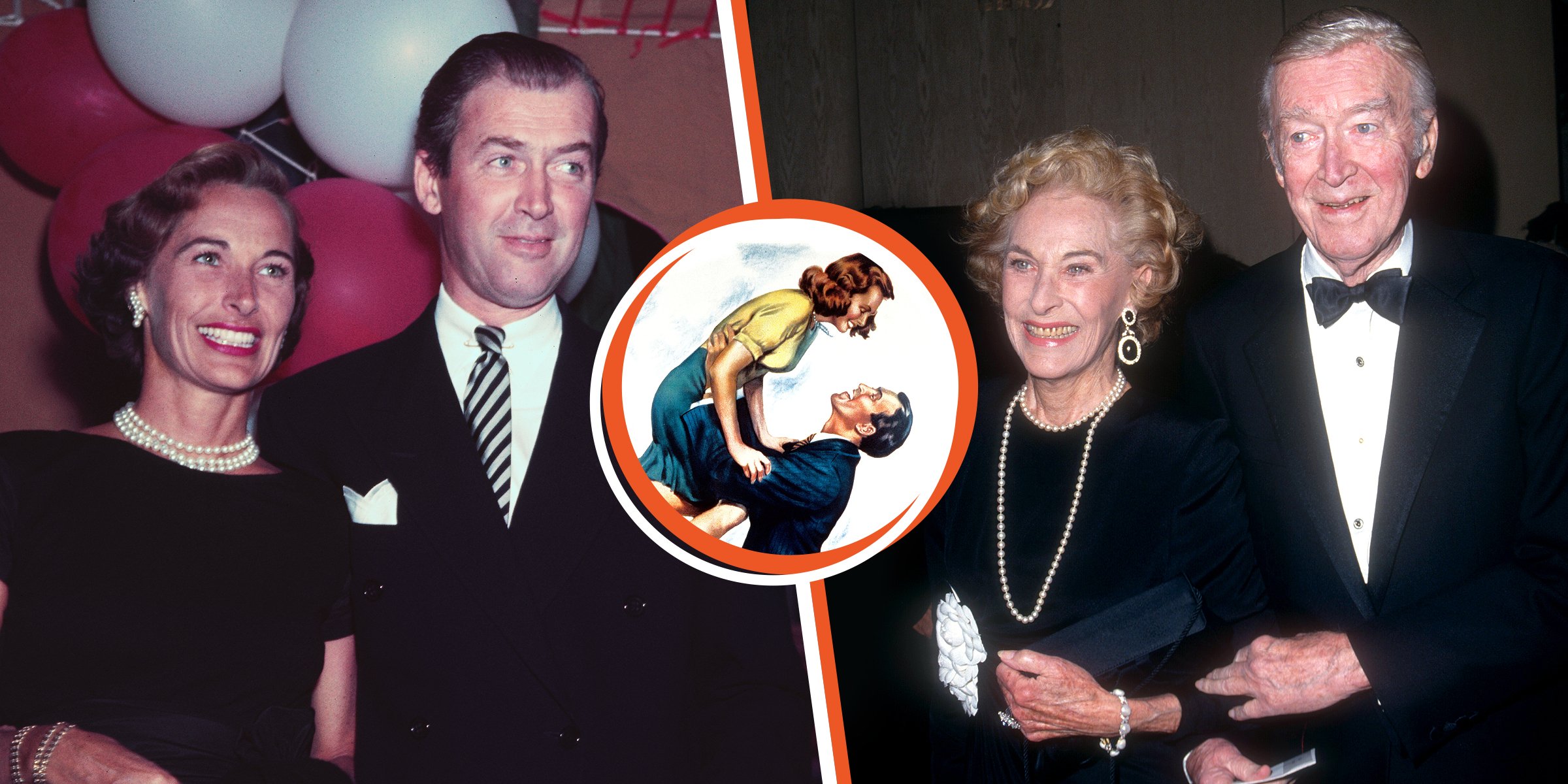 Gloria Hatrick McLean and James Stewart | Donna Reed and James Stewart, 1946 | Gloria Hatrick McLean and James Stewart, 1993 | Source: Getty Images