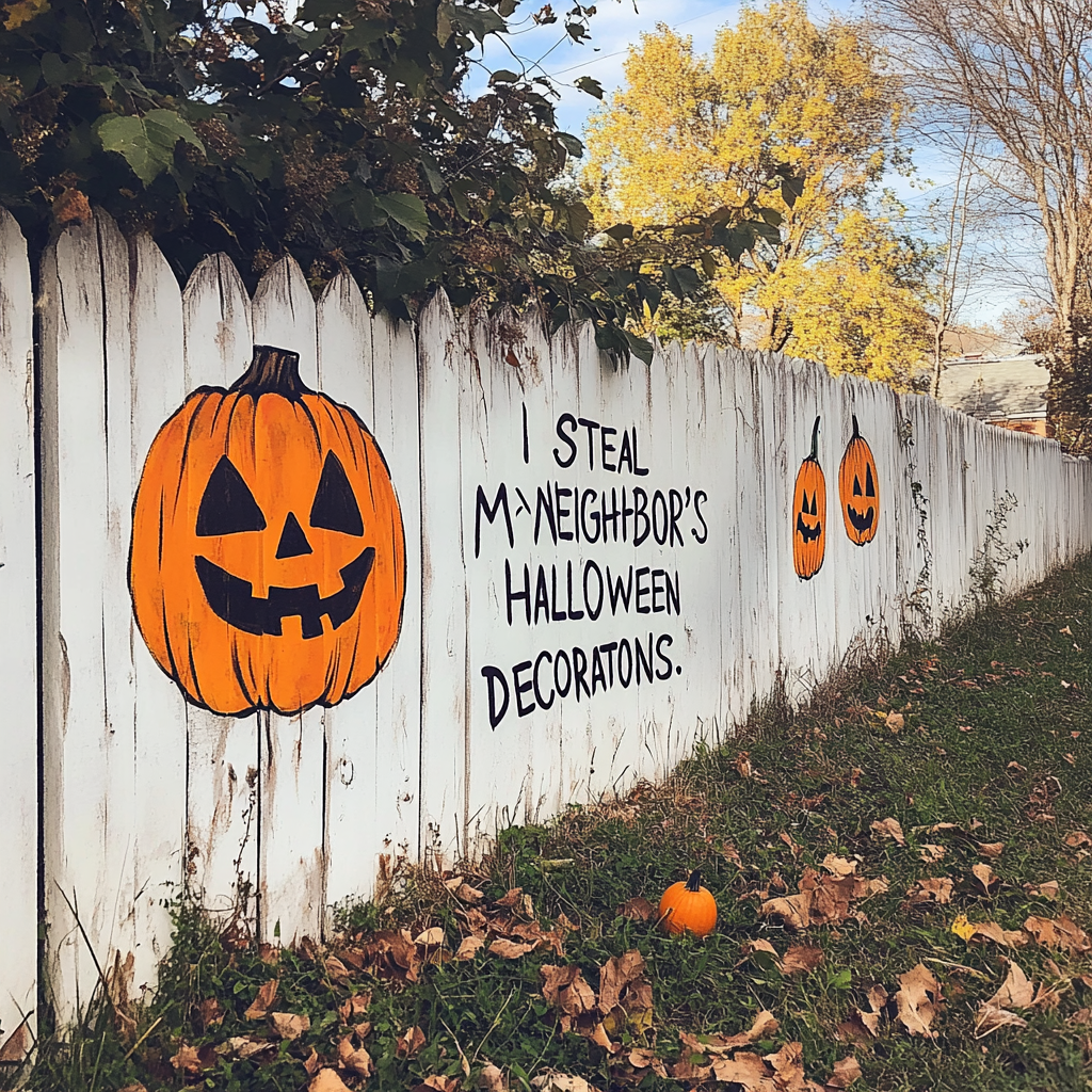 White fence written, "I steal my neighbor's Halloween decorations" | Source: Midjourney