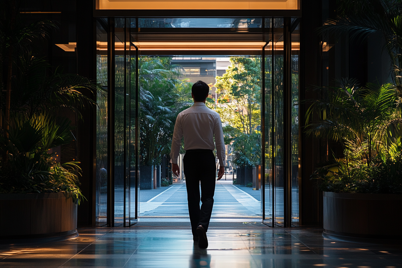 A man exiting a hotel | Source: Midjourney