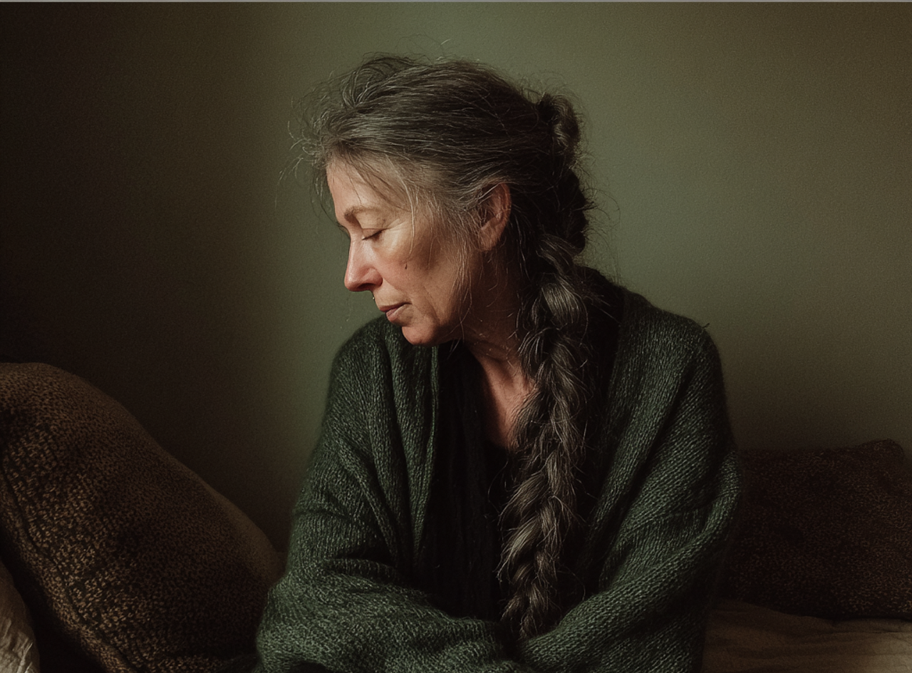 A tired old woman sitting on a bed | Source: Midjourney
