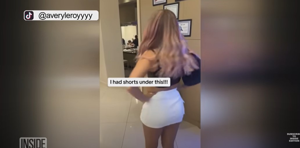 Avery Leroy showing off the skirt that Ida Ann Lorenzo felt was too short for a public appearance in St. George, Utah, on May 11, 2024 | Source: YouTube/Inside Edition