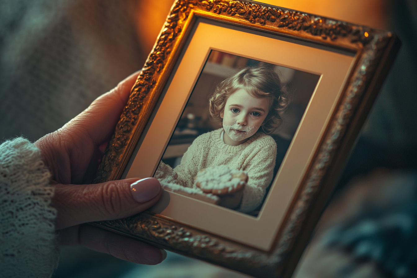 A woman holding a framed photo of a little girl baking cookies | Source: Midjourney