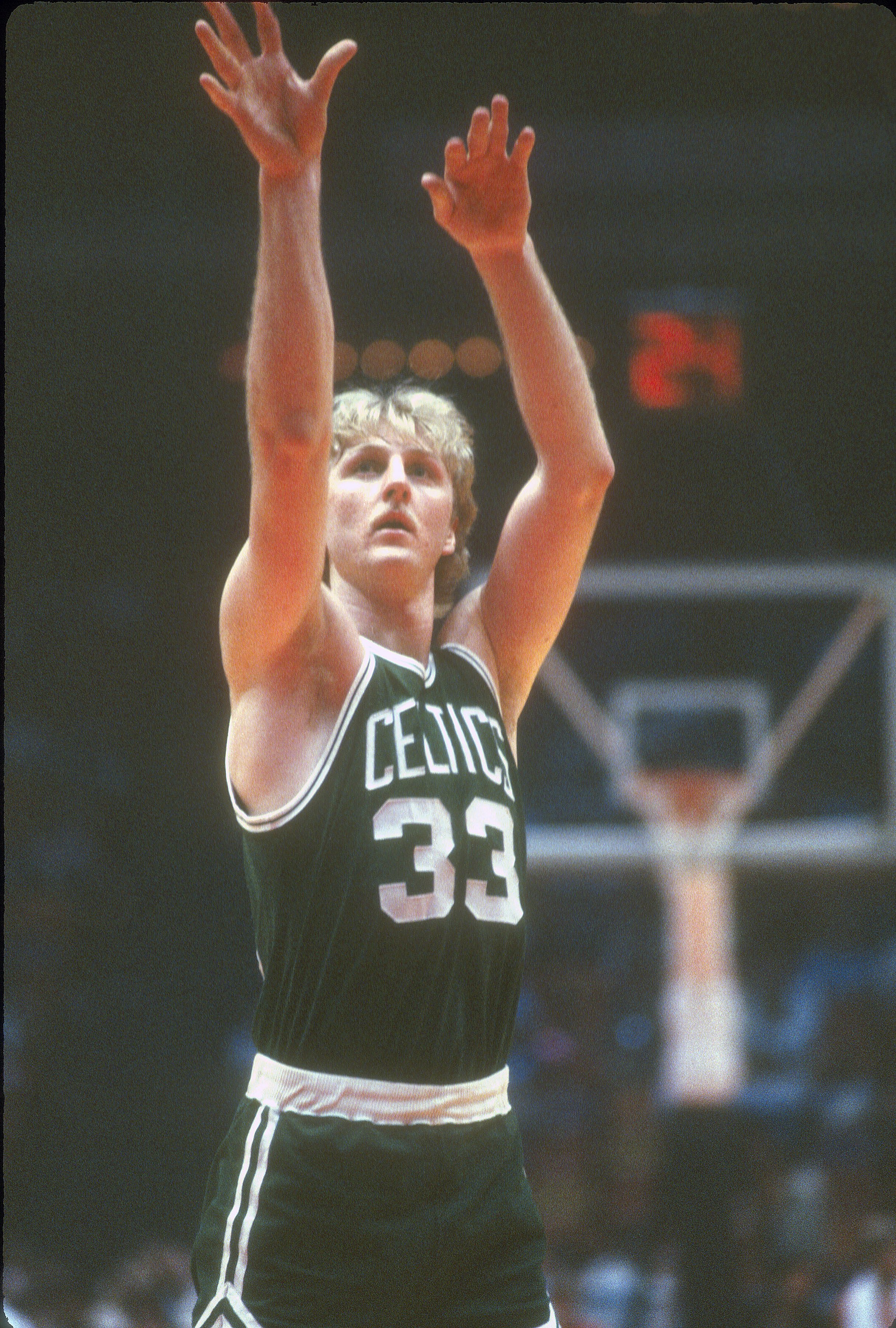 Larry Bird #33 of the Boston Celtics is photographed while shooting a foul shot against the Houston Rockets during an NBA basketball game circa 1981 at The Summit in Houston, Texas | Source: Getty Images