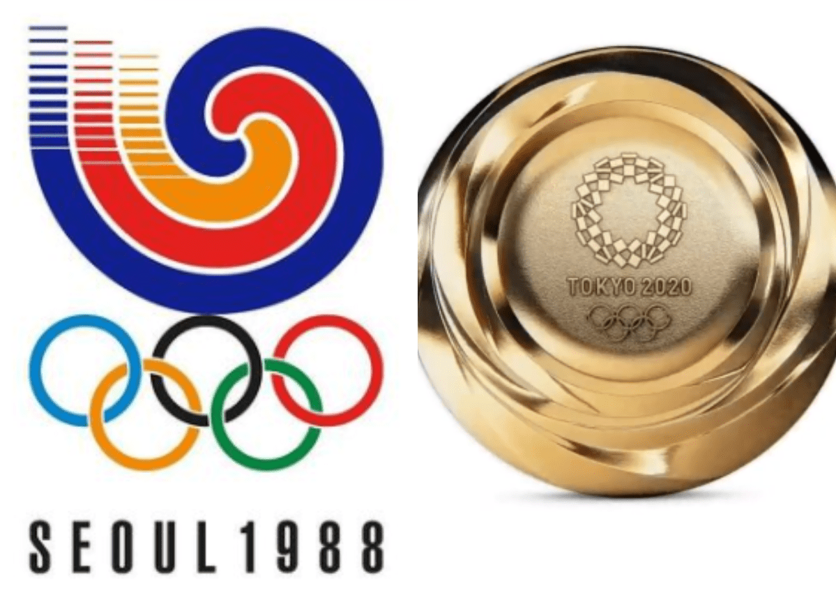Olympics Seoul 1988 logo (left) and Olympics Tokyo 2020 medal with logo (right) | Source: Instagram/olympics