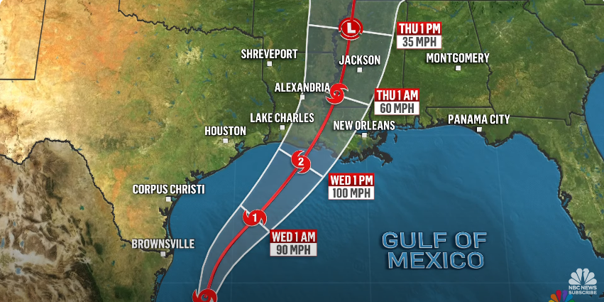 An illustration of how Tropical storm Francine is set to hit the coast from the Gulf of Mexico | Source: YouTube/@NBCNews