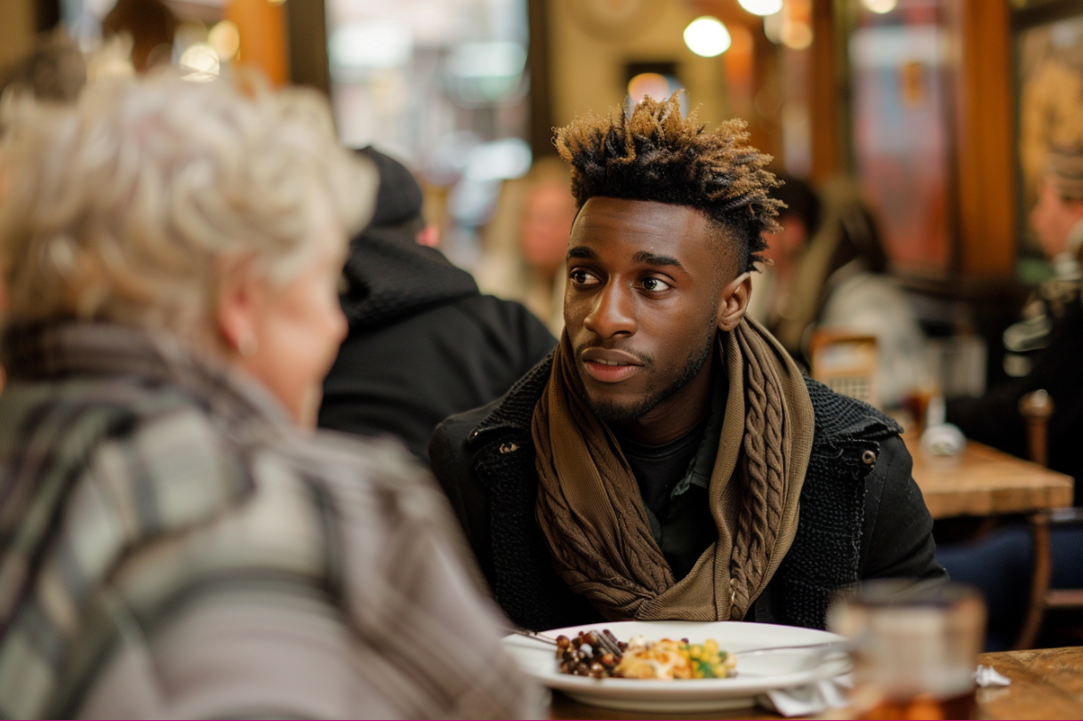 A young man speaking to a mature woman | Source: Midjourney