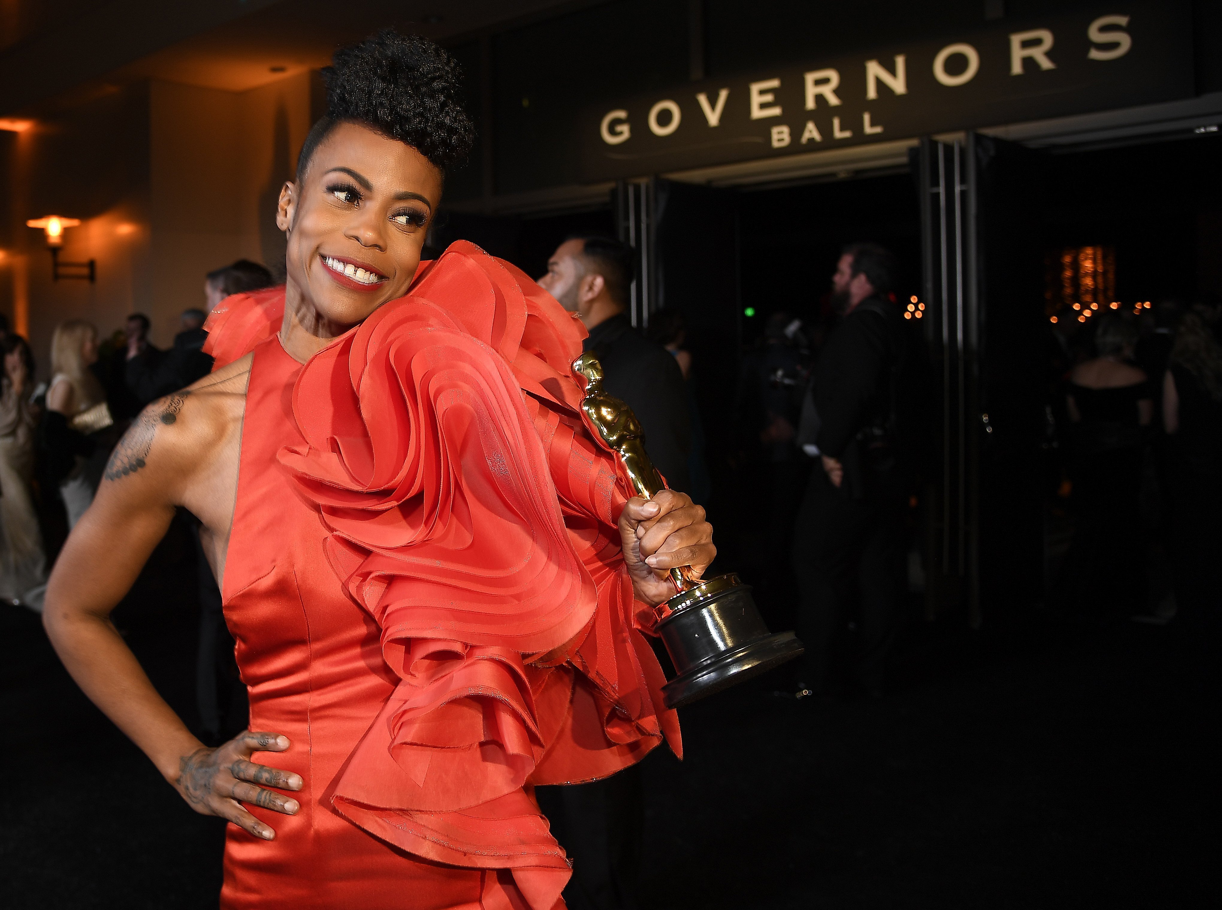 Hannah Beachler, winner of the Production Design award for “Black Panther,” at the 91st Annual Academy Awards Governors Ball in Hollywood on Feb. 24, 2019. |Photo: Getty Images.