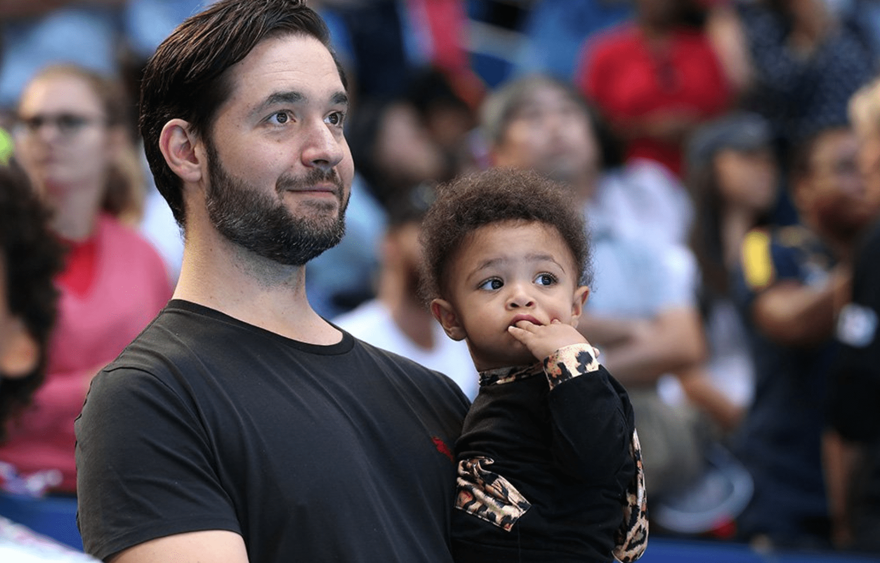 Alexis Ohanian and daughter Alexis Olympia Ohanian Jr. following the match between Serena Williams and Katie Boulter at RAC Arena on January 03, 2019 in Perth, Australia. | Source: Getty Images.